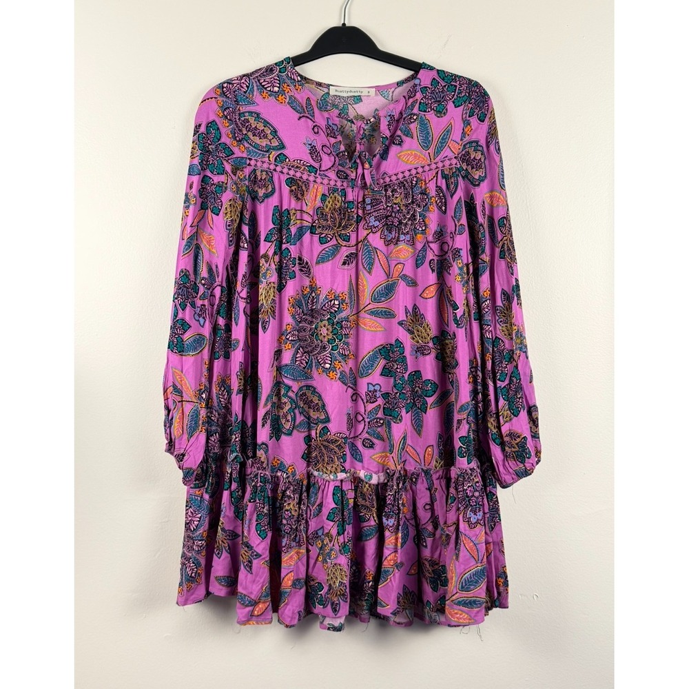 Rusttydustty Womens Embroidered Boho Peasant Mini Dress S Long Sleeve Floral